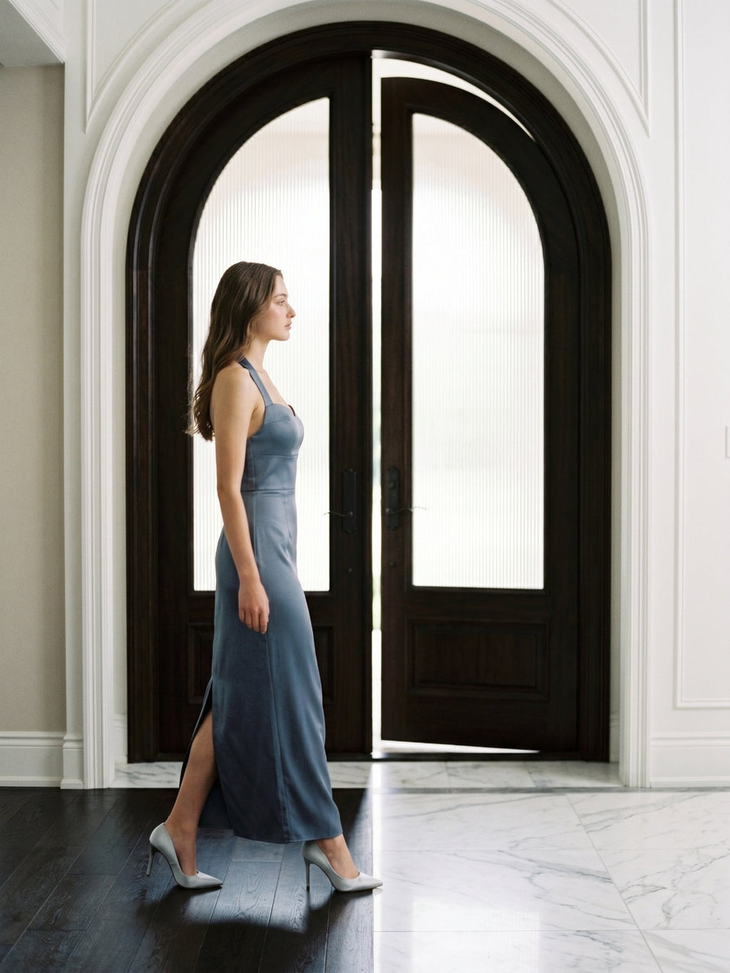Stormy Satin Column Halter Neckline Backless Floor-Length Bridesmaid Dress - Curvevia