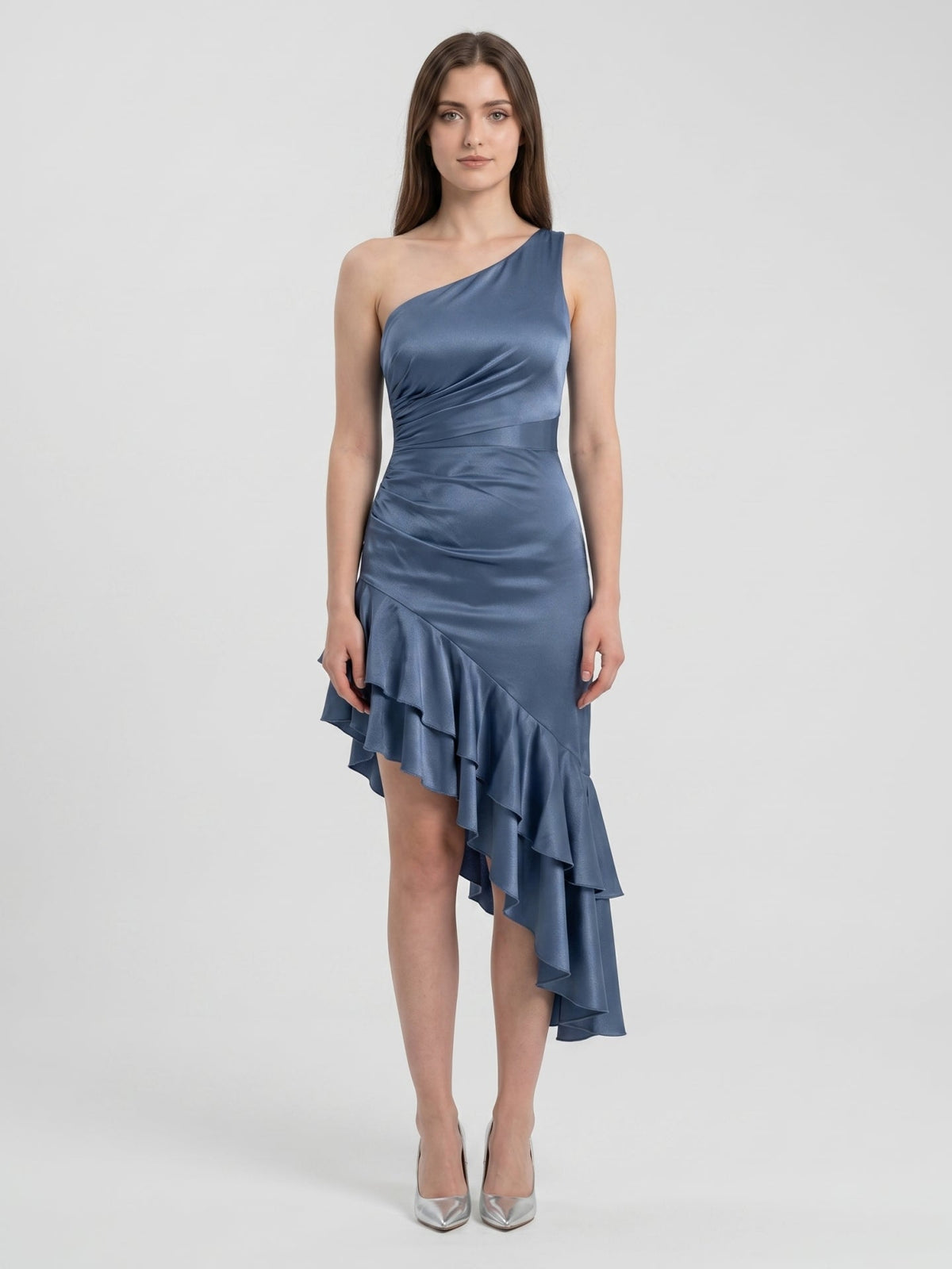 Stormy Satin Column One Shoulder Back Zip Asymmetrical Bridesmaid Dress with Ruffle - Curvevia