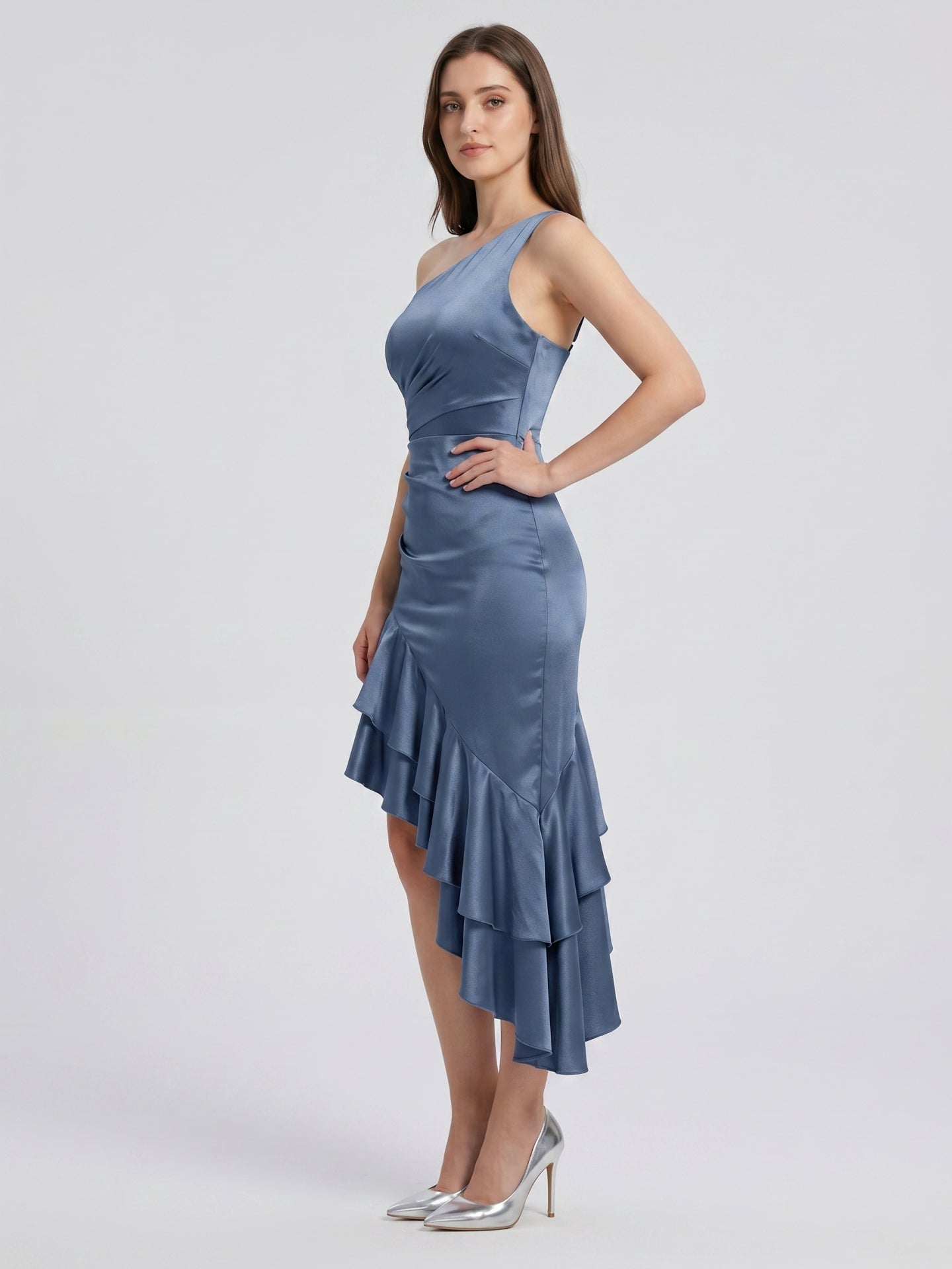 Stormy Satin Column One Shoulder Back Zip Asymmetrical Bridesmaid Dress with Ruffle - Curvevia