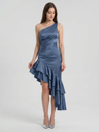 Stormy Satin Column One Shoulder Back Zip Asymmetrical Bridesmaid Dress with Ruffle - Curvevia
