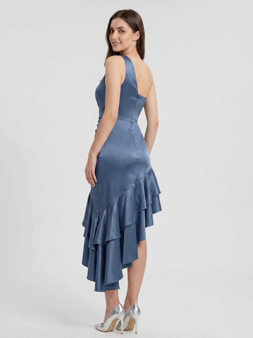Stormy Satin Column One Shoulder Back Zip Asymmetrical Bridesmaid Dress with Ruffle - Curvevia
