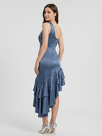 Stormy Satin Column One Shoulder Back Zip Asymmetrical Bridesmaid Dress with Ruffle - Curvevia