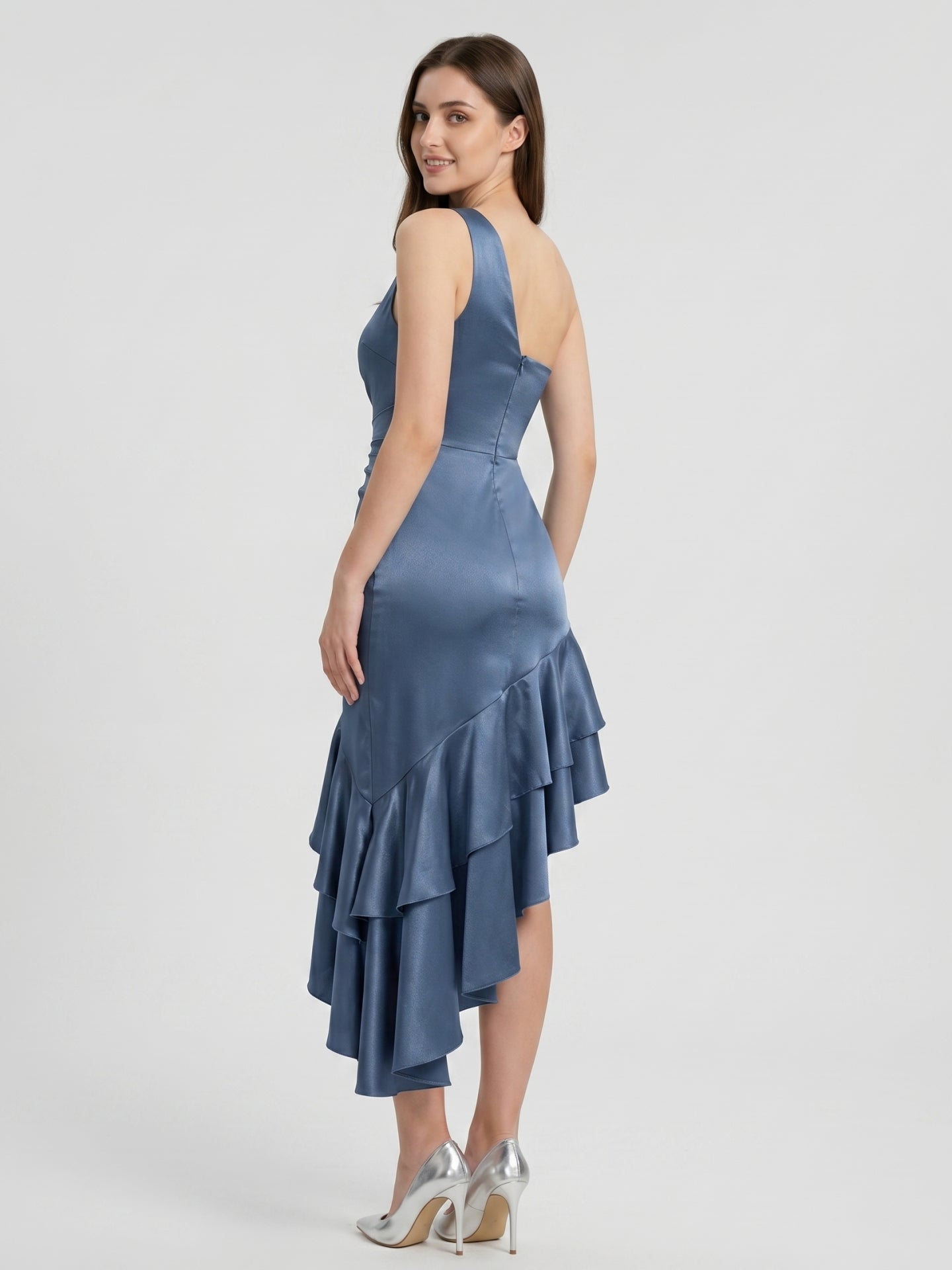 Stormy Satin Column One Shoulder Back Zip Asymmetrical Bridesmaid Dress with Ruffle - Curvevia