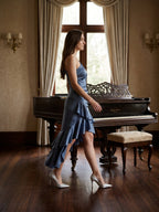 Stormy Satin Column One Shoulder Back Zip Asymmetrical Bridesmaid Dress with Ruffle - Curvevia