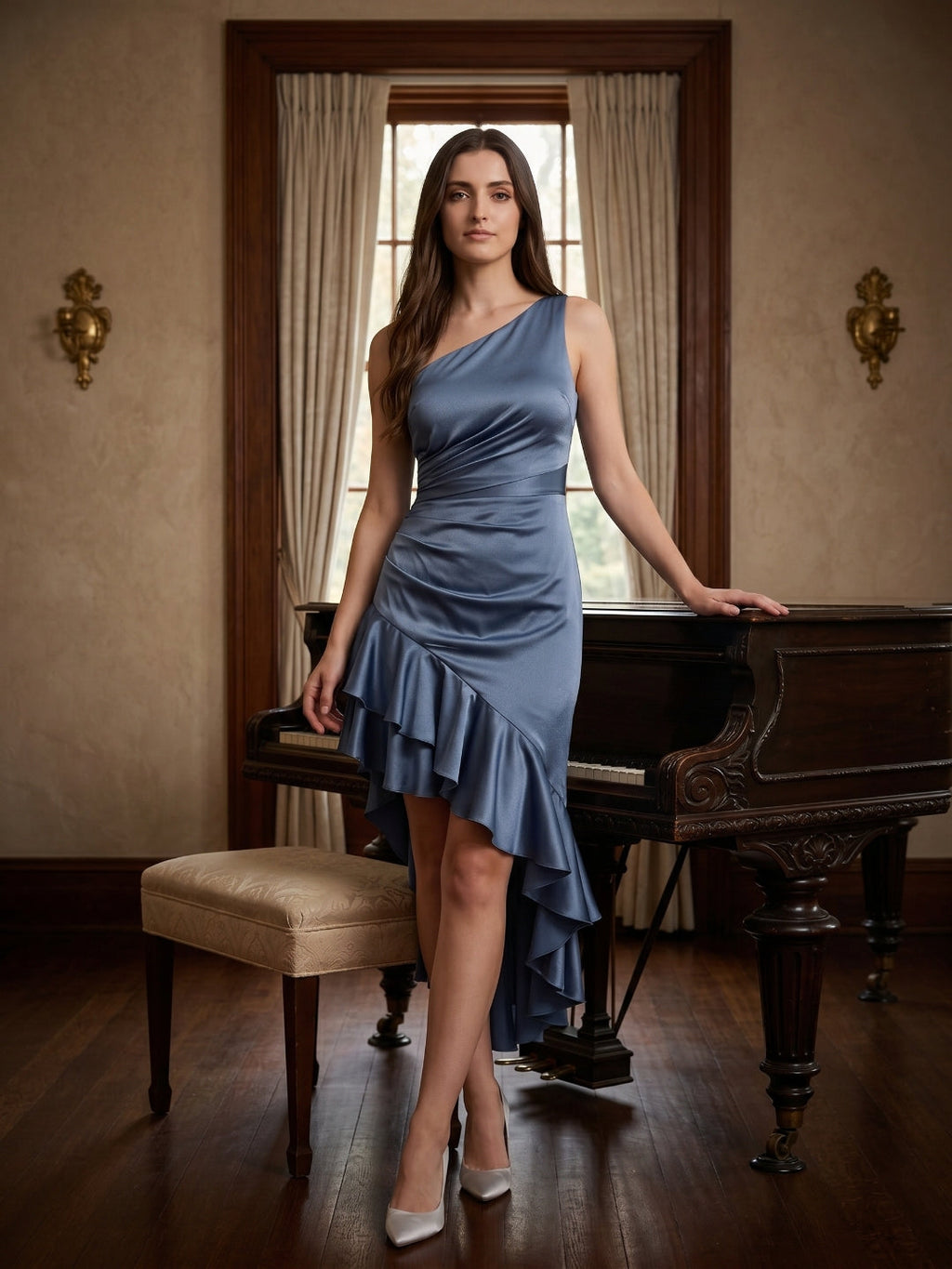 Stormy Satin Column One Shoulder Back Zip Asymmetrical Bridesmaid Dress with Ruffle - Curvevia