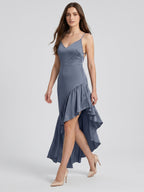Stormy Satin Column Square Neck Backless Asymmetrical Bridesmaid Dress with Ruffle - Curvevia