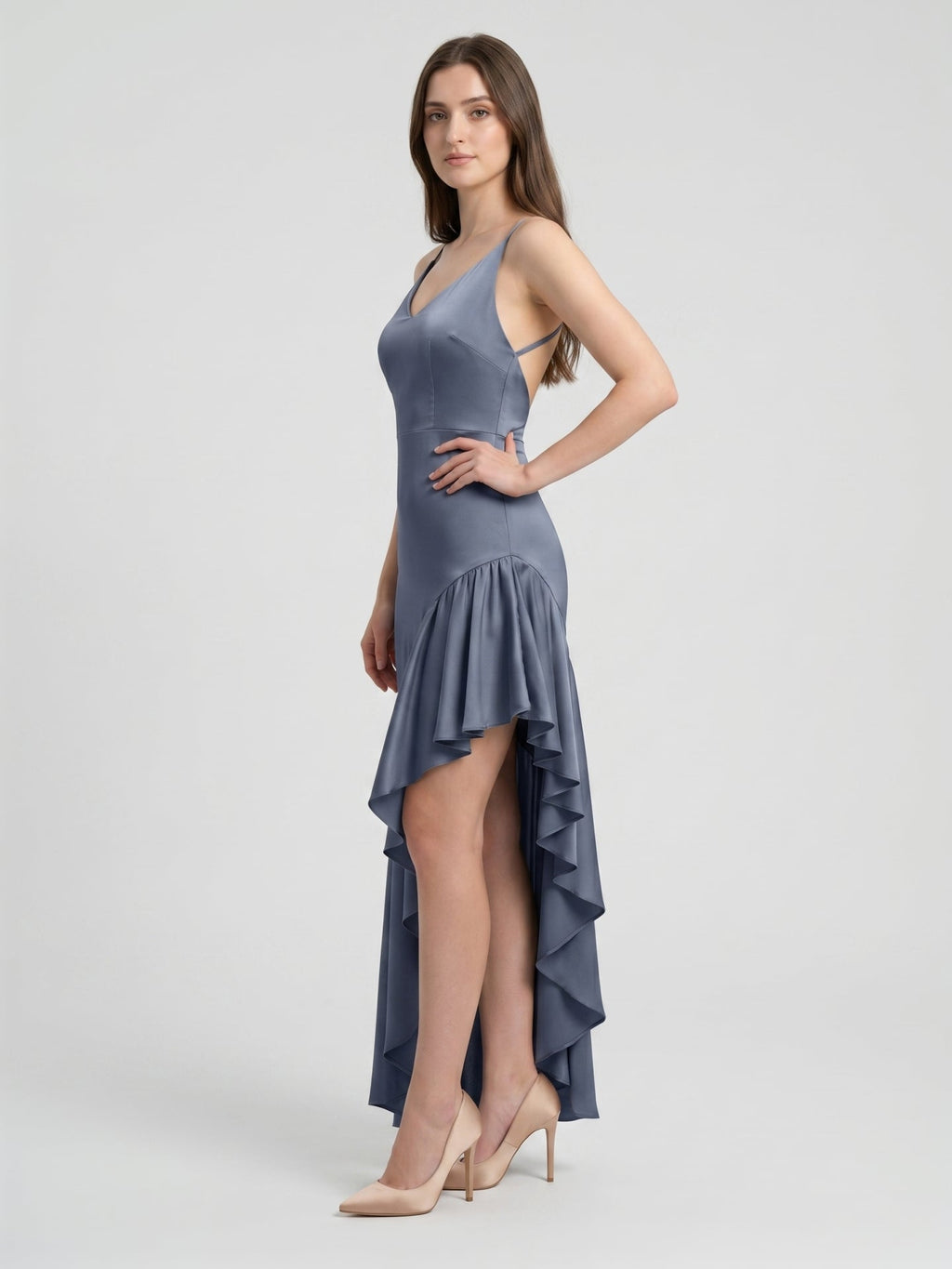 Stormy Satin Column Square Neck Backless Asymmetrical Bridesmaid Dress with Ruffle - Curvevia