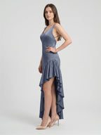 Stormy Satin Column Square Neck Backless Asymmetrical Bridesmaid Dress with Ruffle - Curvevia