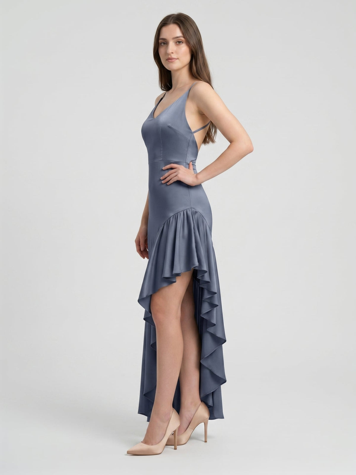 Stormy Satin Column Square Neck Backless Asymmetrical Bridesmaid Dress with Ruffle - Curvevia