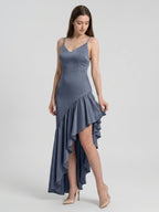 Stormy Satin Column Square Neck Backless Asymmetrical Bridesmaid Dress with Ruffle - Curvevia