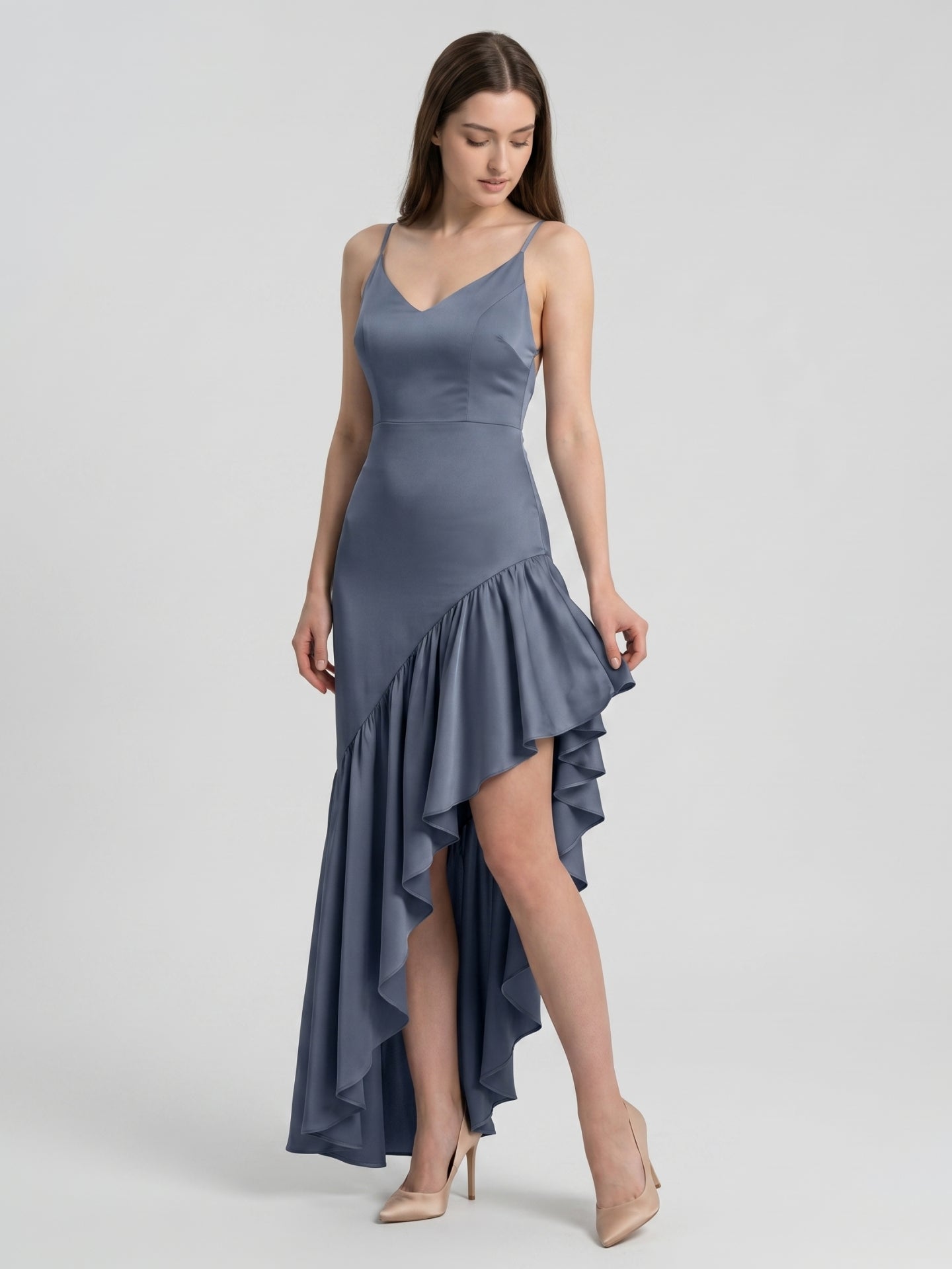 Stormy Satin Column Square Neck Backless Asymmetrical Bridesmaid Dress with Ruffle - Curvevia