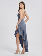 Stormy Satin Column Square Neck Backless Asymmetrical Bridesmaid Dress with Ruffle - Curvevia