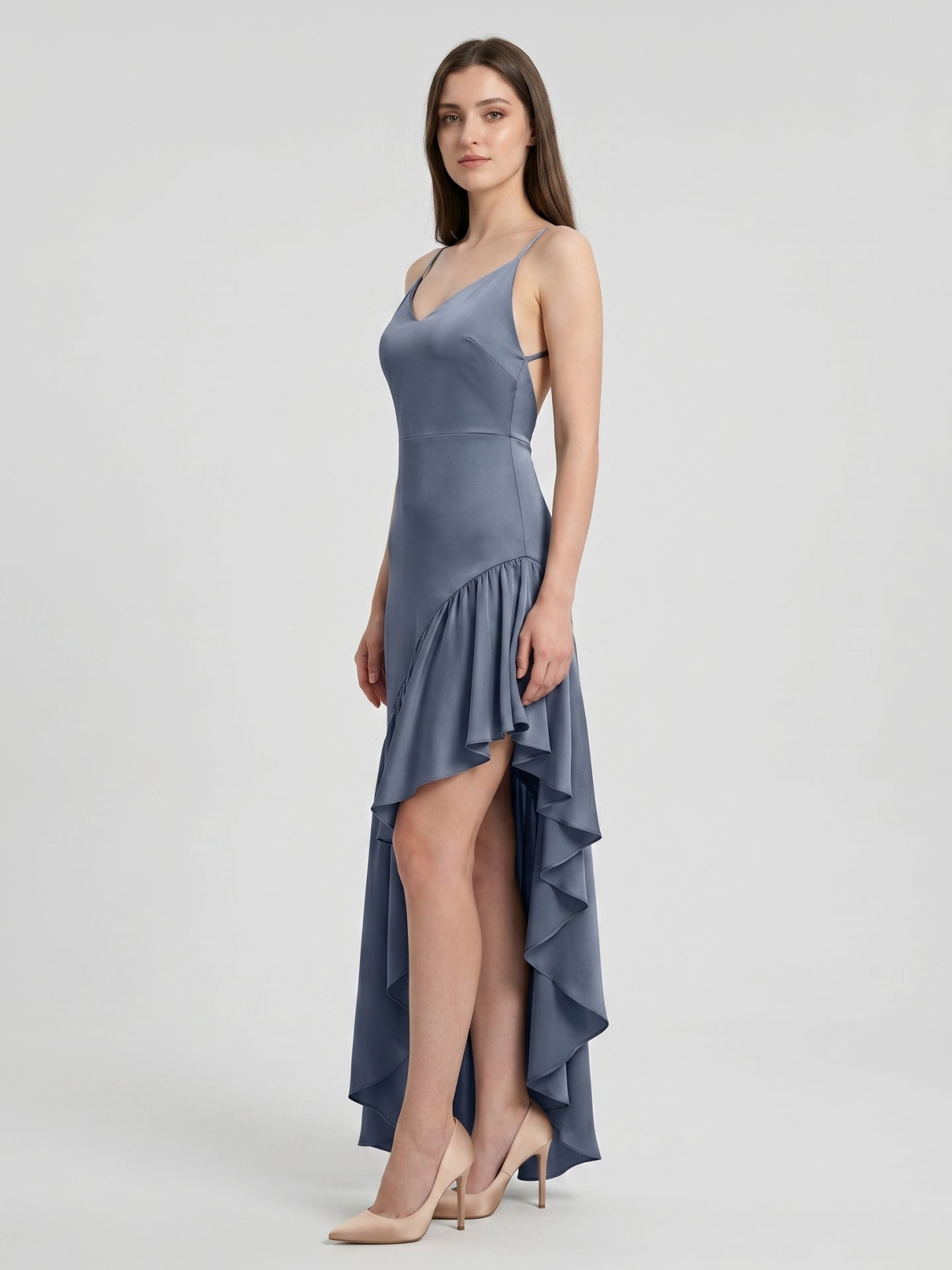 Stormy Satin Column Square Neck Backless Asymmetrical Bridesmaid Dress with Ruffle - Curvevia