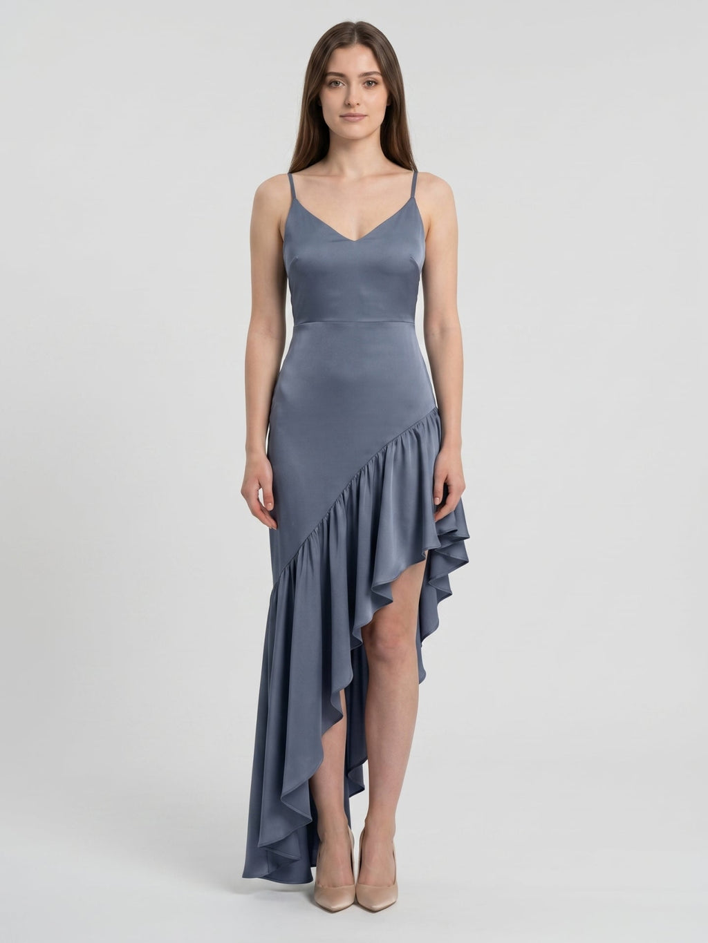 Stormy Satin Column Square Neck Backless Asymmetrical Bridesmaid Dress with Ruffle - Curvevia