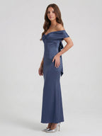 Stormy Satin Mermaid Off-the-Shoulder Back Zip Floor-Length Bridesmaid Dress - Curvevia