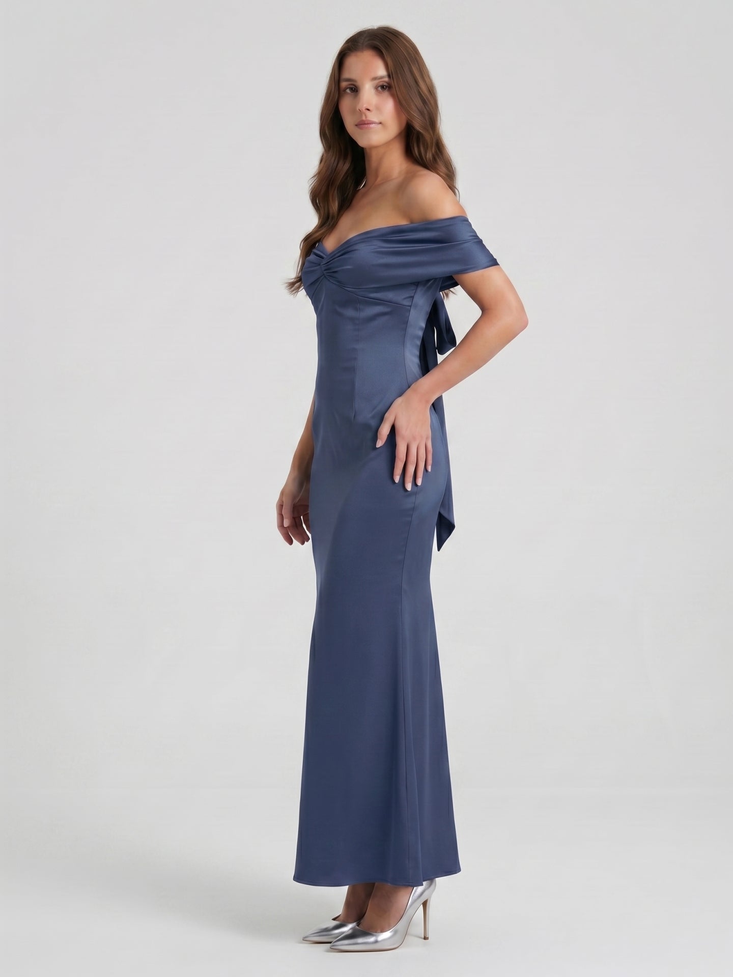 Stormy Satin Mermaid Off-the-Shoulder Back Zip Floor-Length Bridesmaid Dress - Curvevia