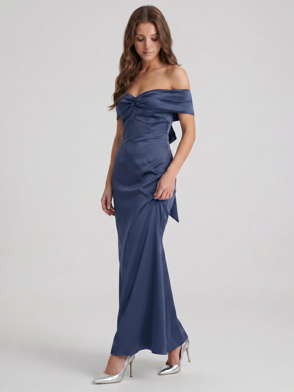 Stormy Satin Mermaid Off-the-Shoulder Back Zip Floor-Length Bridesmaid Dress - Curvevia