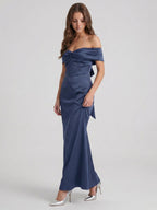 Stormy Satin Mermaid Off-the-Shoulder Back Zip Floor-Length Bridesmaid Dress - Curvevia