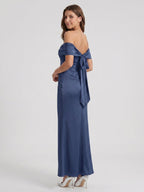 Stormy Satin Mermaid Off-the-Shoulder Back Zip Floor-Length Bridesmaid Dress - Curvevia