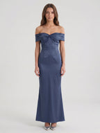 Stormy Satin Mermaid Off-the-Shoulder Back Zip Floor-Length Bridesmaid Dress - Curvevia