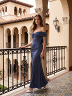 Stormy Satin Mermaid Off-the-Shoulder Back Zip Floor-Length Bridesmaid Dress - Curvevia