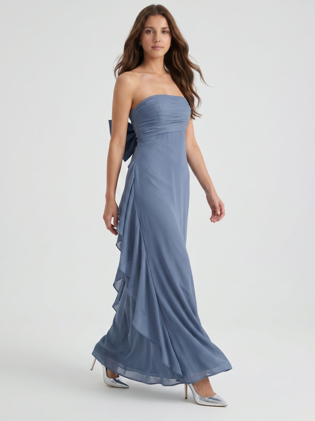 Stormy Chiffon A-Line Straight Neck Back Zip Floor-Length Bridesmaid Dress with Bow - Curvevia
