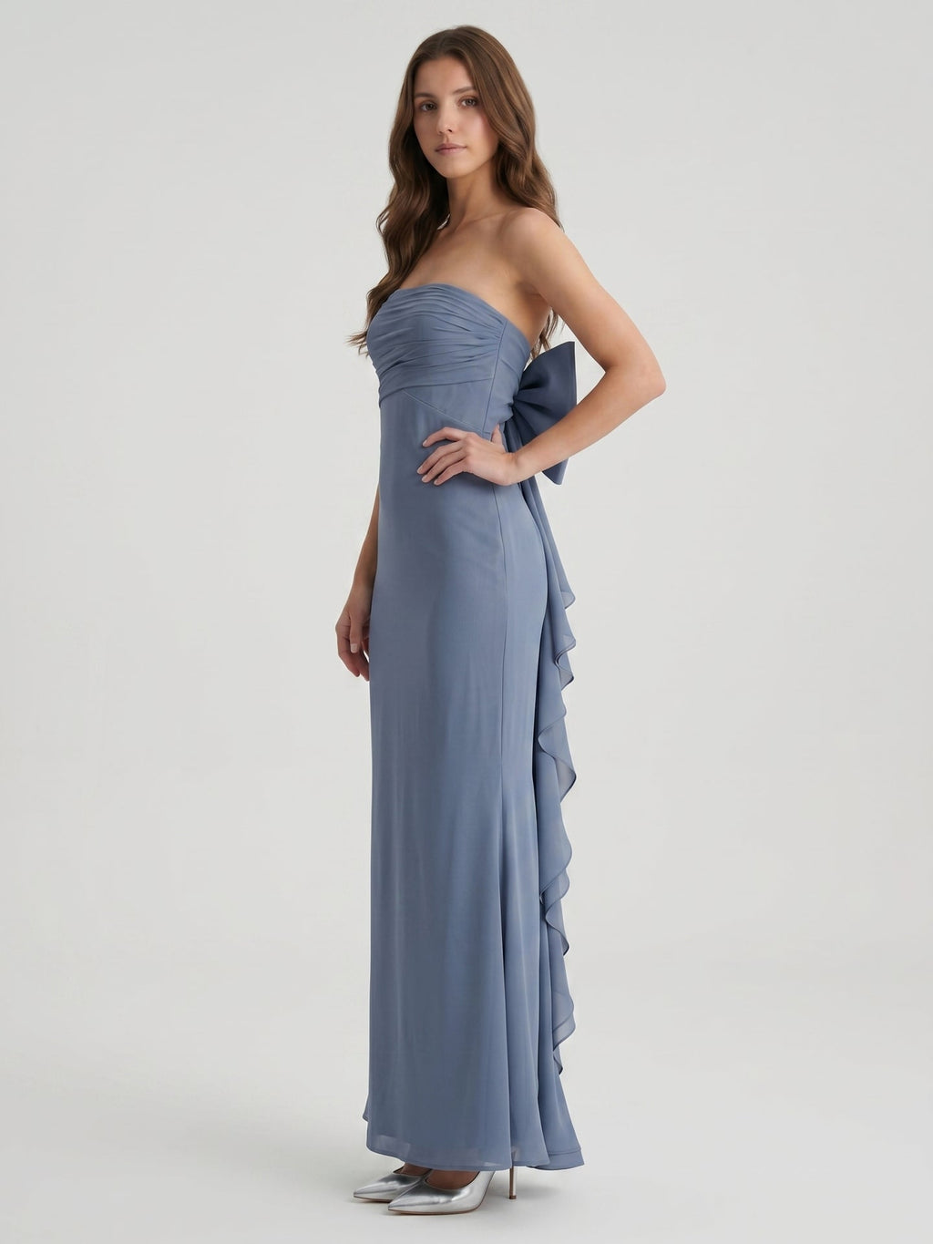 Stormy Chiffon A-Line Straight Neck Back Zip Floor-Length Bridesmaid Dress with Bow - Curvevia