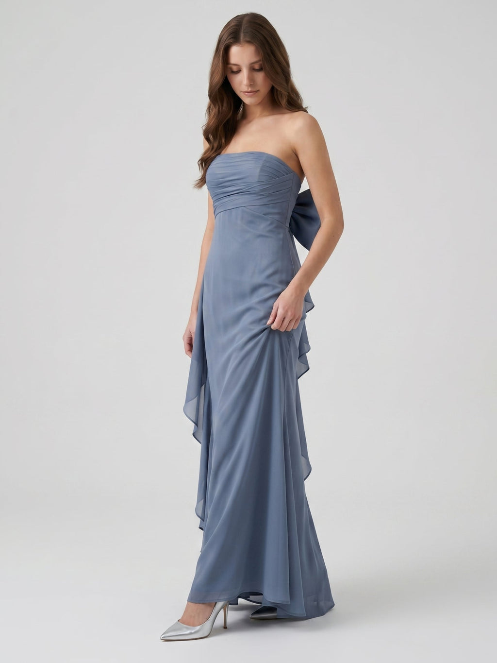 Stormy Chiffon A-Line Straight Neck Back Zip Floor-Length Bridesmaid Dress with Bow - Curvevia