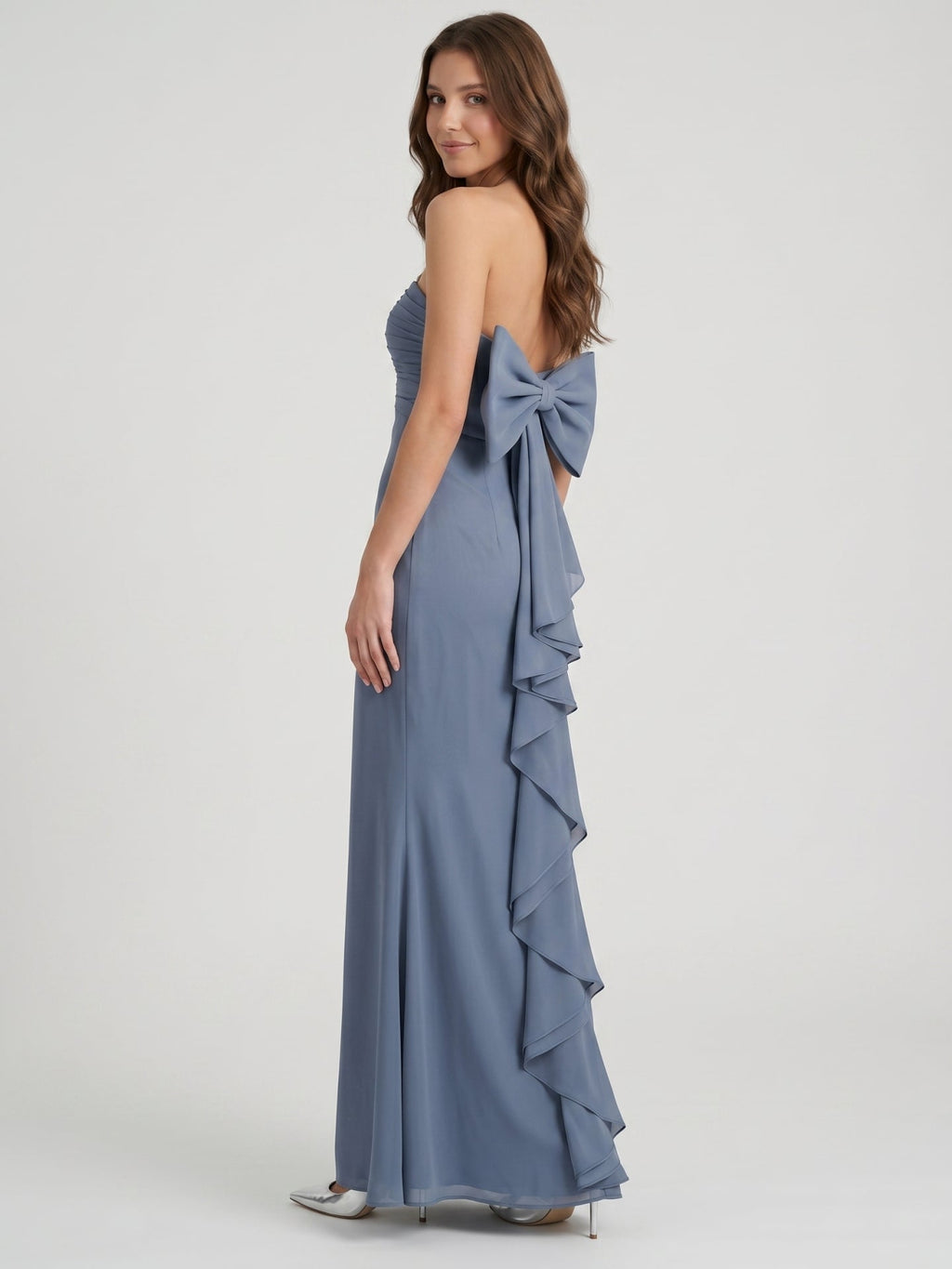 Stormy Chiffon A-Line Straight Neck Back Zip Floor-Length Bridesmaid Dress with Bow - Curvevia