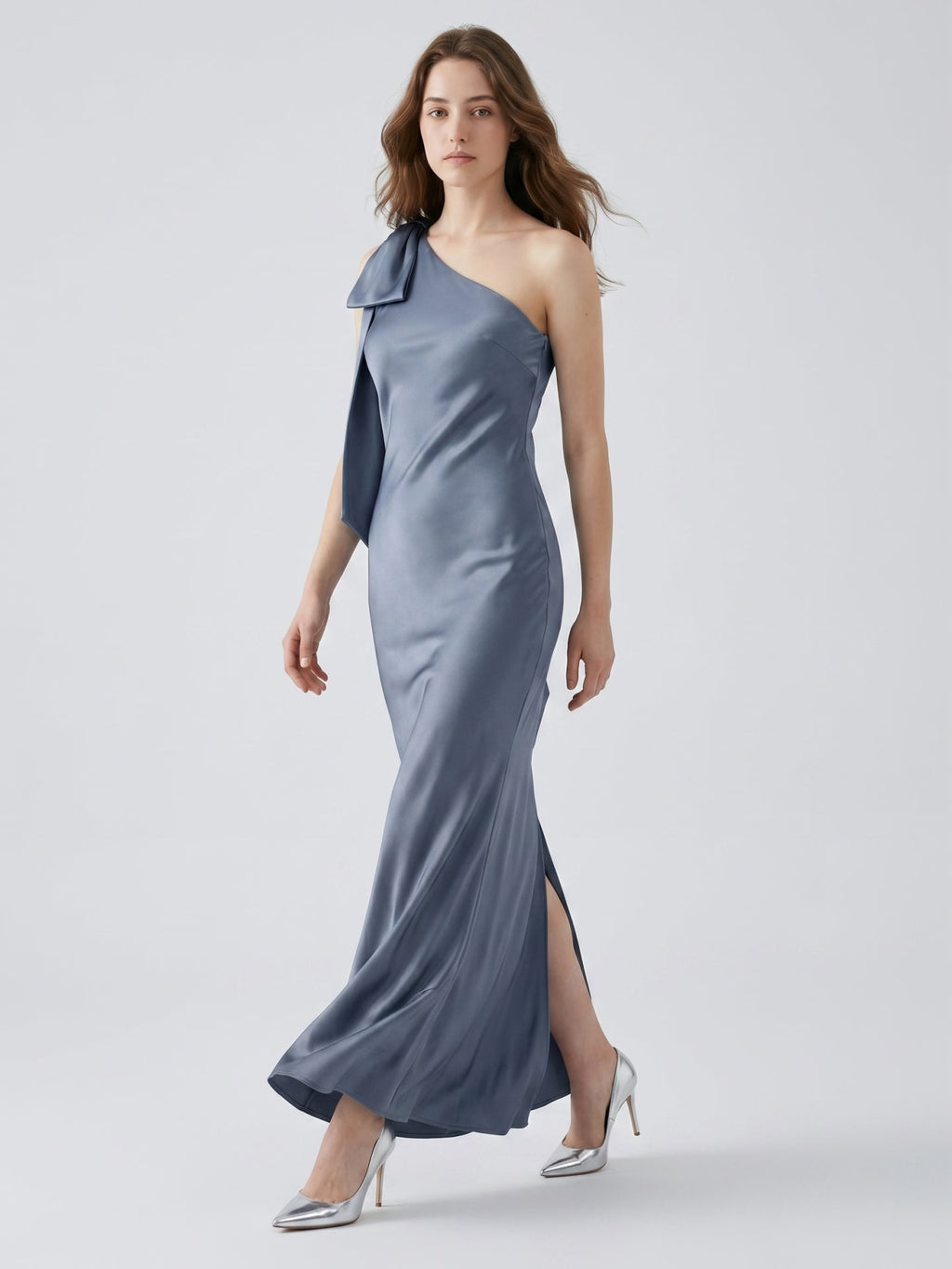Stormy Satin Trumpet One Shoulder Back Zip Floor-Length Bridesmaid Dress with Bow - Curvevia