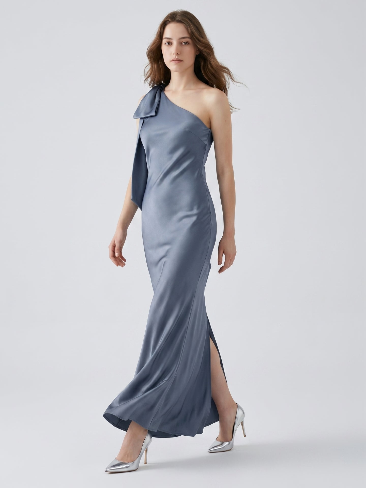 Stormy Satin Trumpet One Shoulder Back Zip Floor-Length Bridesmaid Dress with Bow - Curvevia