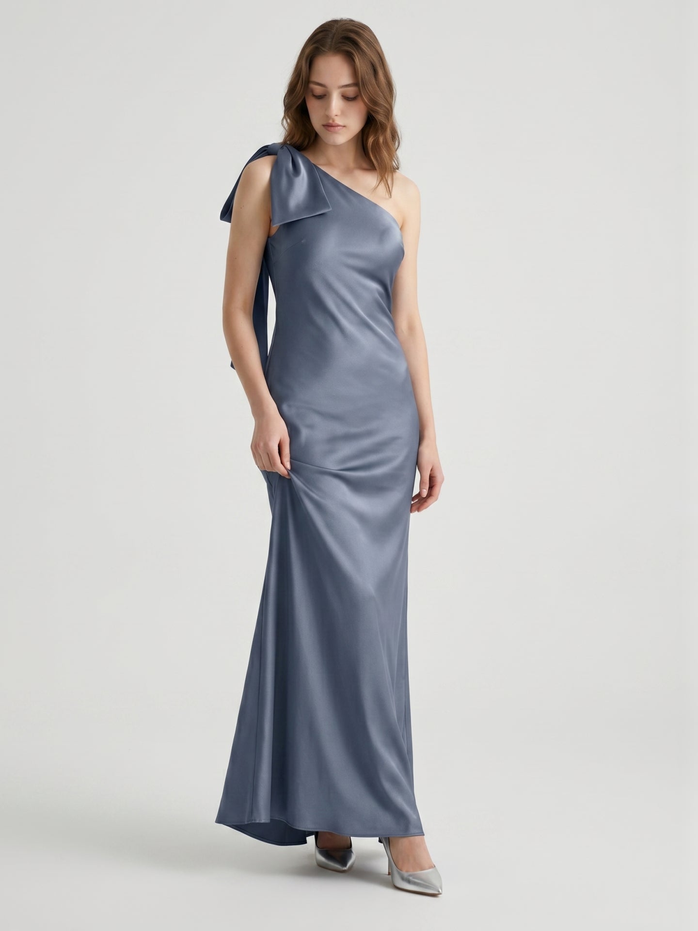 Stormy Satin Trumpet One Shoulder Back Zip Floor-Length Bridesmaid Dress with Bow - Curvevia