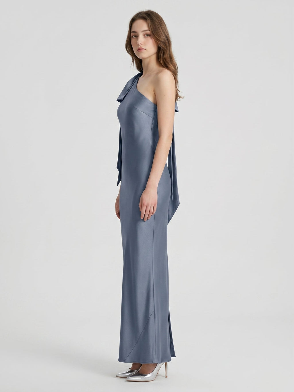 Stormy Satin Trumpet One Shoulder Back Zip Floor-Length Bridesmaid Dress with Bow - Curvevia
