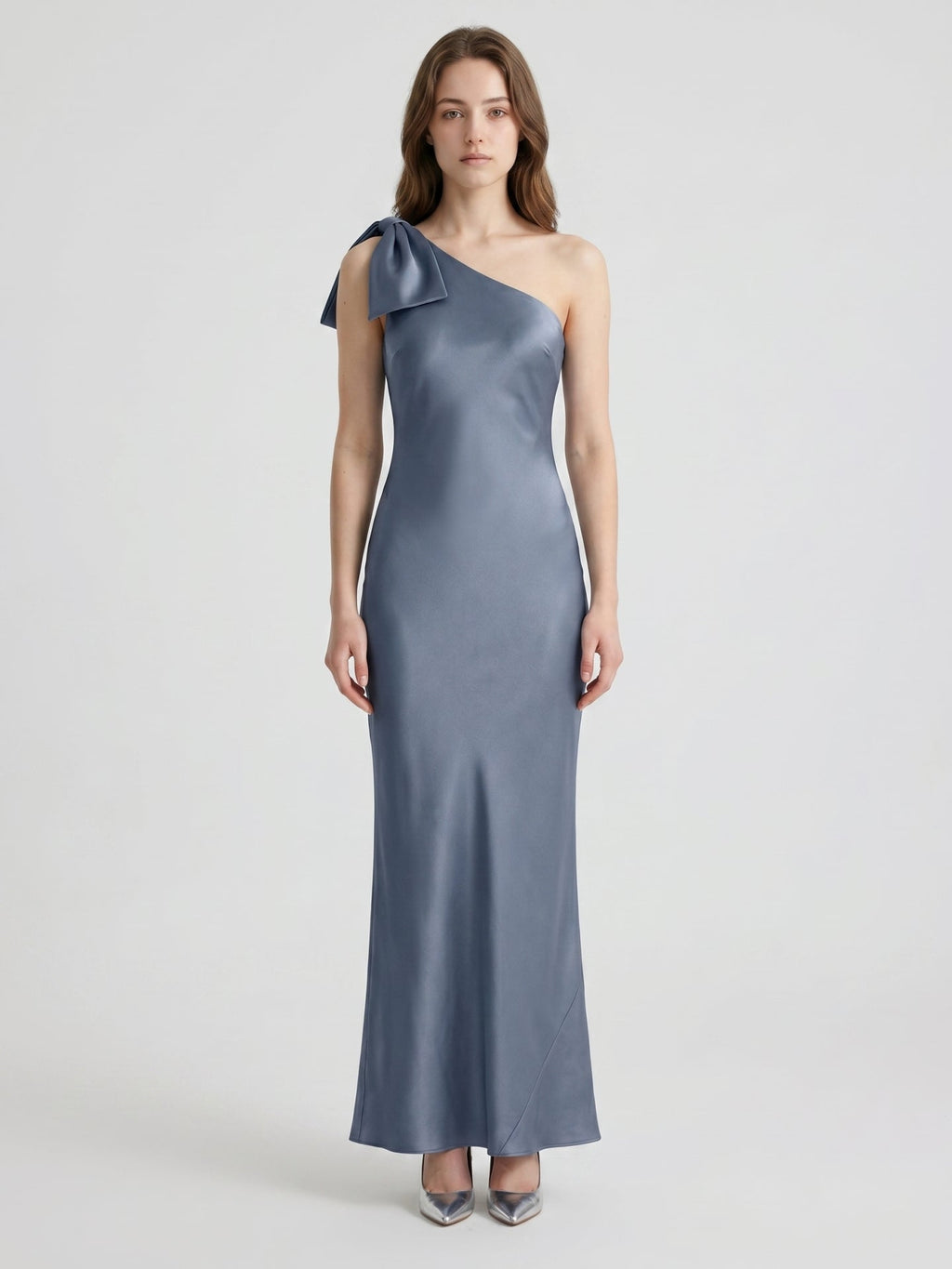 Stormy Satin Trumpet One Shoulder Back Zip Floor-Length Bridesmaid Dress with Bow - Curvevia