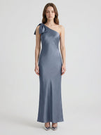Stormy Satin Trumpet One Shoulder Back Zip Floor-Length Bridesmaid Dress with Bow - Curvevia