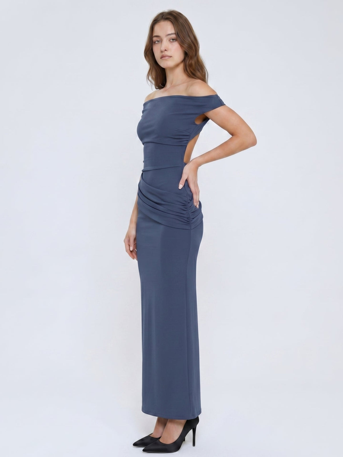 Stormy Stretch Knit Mermaid Off-the-Shoulder Side Zip Floor-Length Bridesmaid Dress - Curvevia