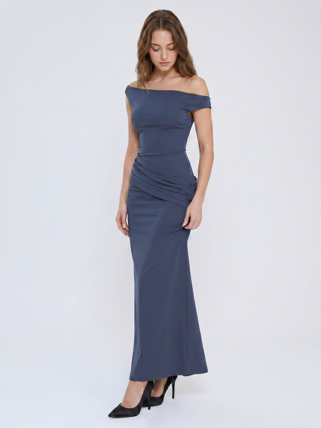 Stormy Stretch Knit Mermaid Off-the-Shoulder Side Zip Floor-Length Bridesmaid Dress - Curvevia