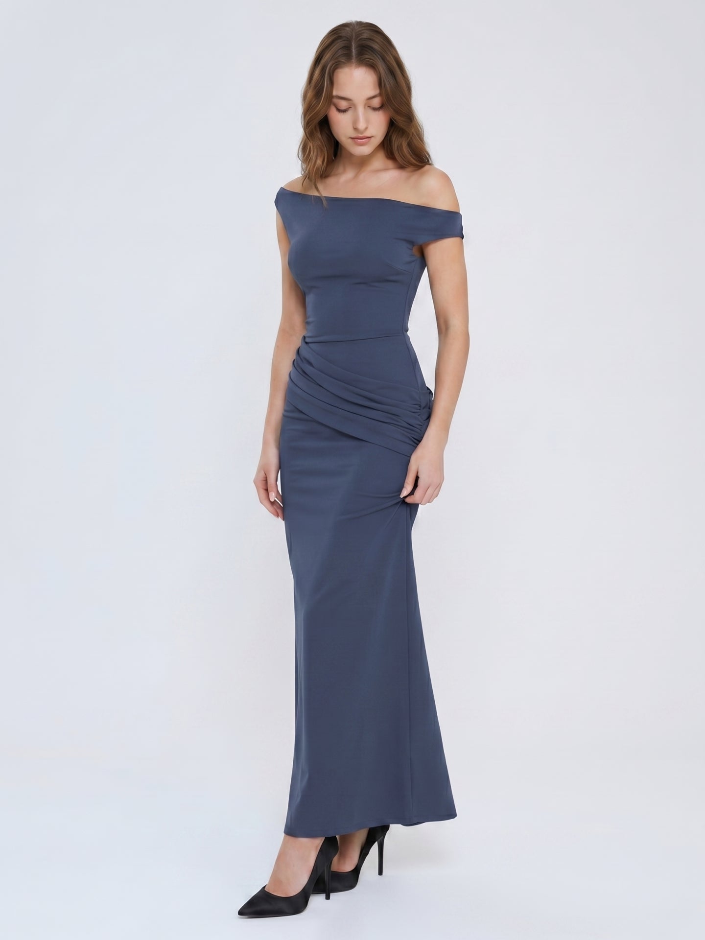 Stormy Stretch Knit Mermaid Off-the-Shoulder Side Zip Floor-Length Bridesmaid Dress - Curvevia