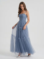 Stormy Tulle A-Line Square Neck Back Zip Floor-Length Bridesmaid Dress - Curvevia