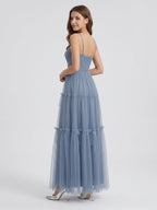 Stormy Tulle A-Line Square Neck Back Zip Floor-Length Bridesmaid Dress - Curvevia