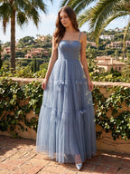 Stormy Tulle A-Line Square Neck Back Zip Floor-Length Bridesmaid Dress - Curvevia