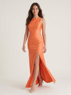 Striking Orange Satin Trumpet Scoop Neck Keyhole Back Floor-Length Bridesmaid Dress with Bow - Curvevia