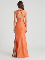 Striking Orange Satin Trumpet Scoop Neck Keyhole Back Floor-Length Bridesmaid Dress with Bow - Curvevia