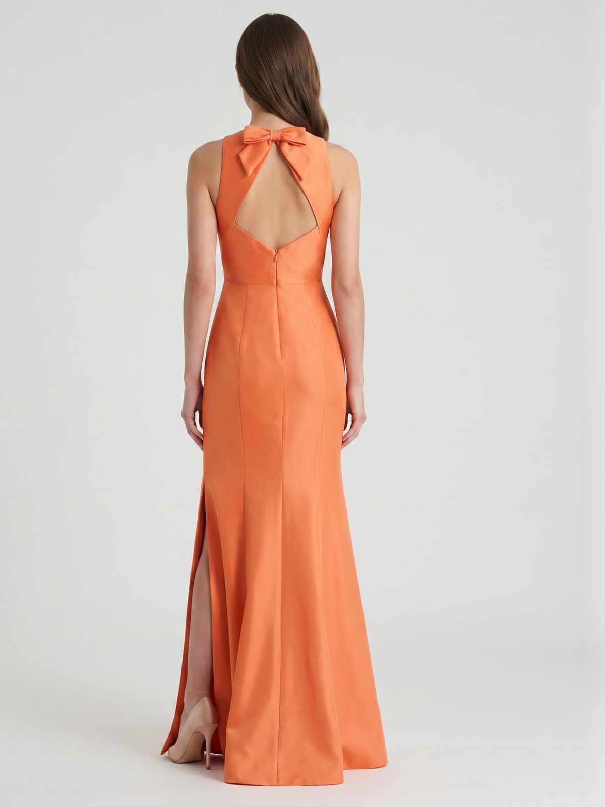 Striking Orange Satin Trumpet Scoop Neck Keyhole Back Floor-Length Bridesmaid Dress with Bow - Curvevia