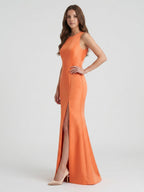 Striking Orange Satin Trumpet Scoop Neck Keyhole Back Floor-Length Bridesmaid Dress with Bow - Curvevia