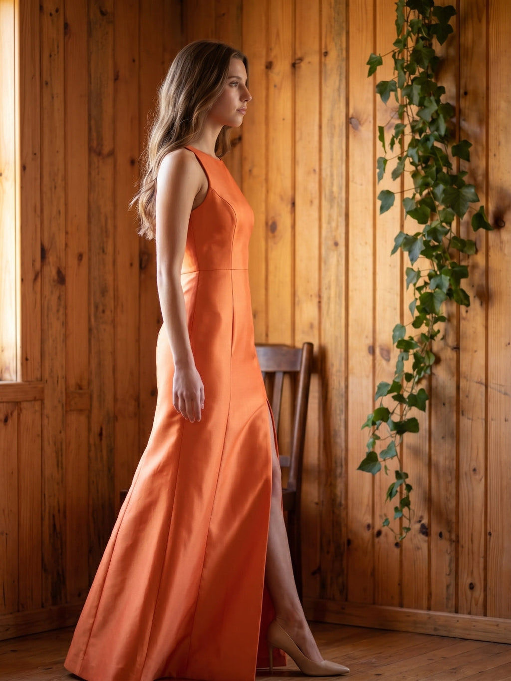 Striking Orange Satin Trumpet Scoop Neck Keyhole Back Floor-Length Bridesmaid Dress with Bow - Curvevia