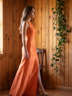 Striking Orange Satin Trumpet Scoop Neck Keyhole Back Floor-Length Bridesmaid Dress with Bow - Curvevia