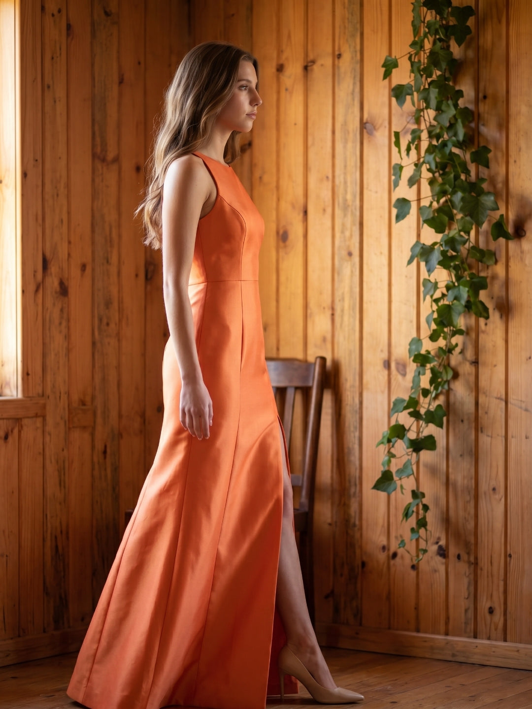 Striking Orange Satin Trumpet Scoop Neck Keyhole Back Floor-Length Bridesmaid Dress with Bow - Curvevia