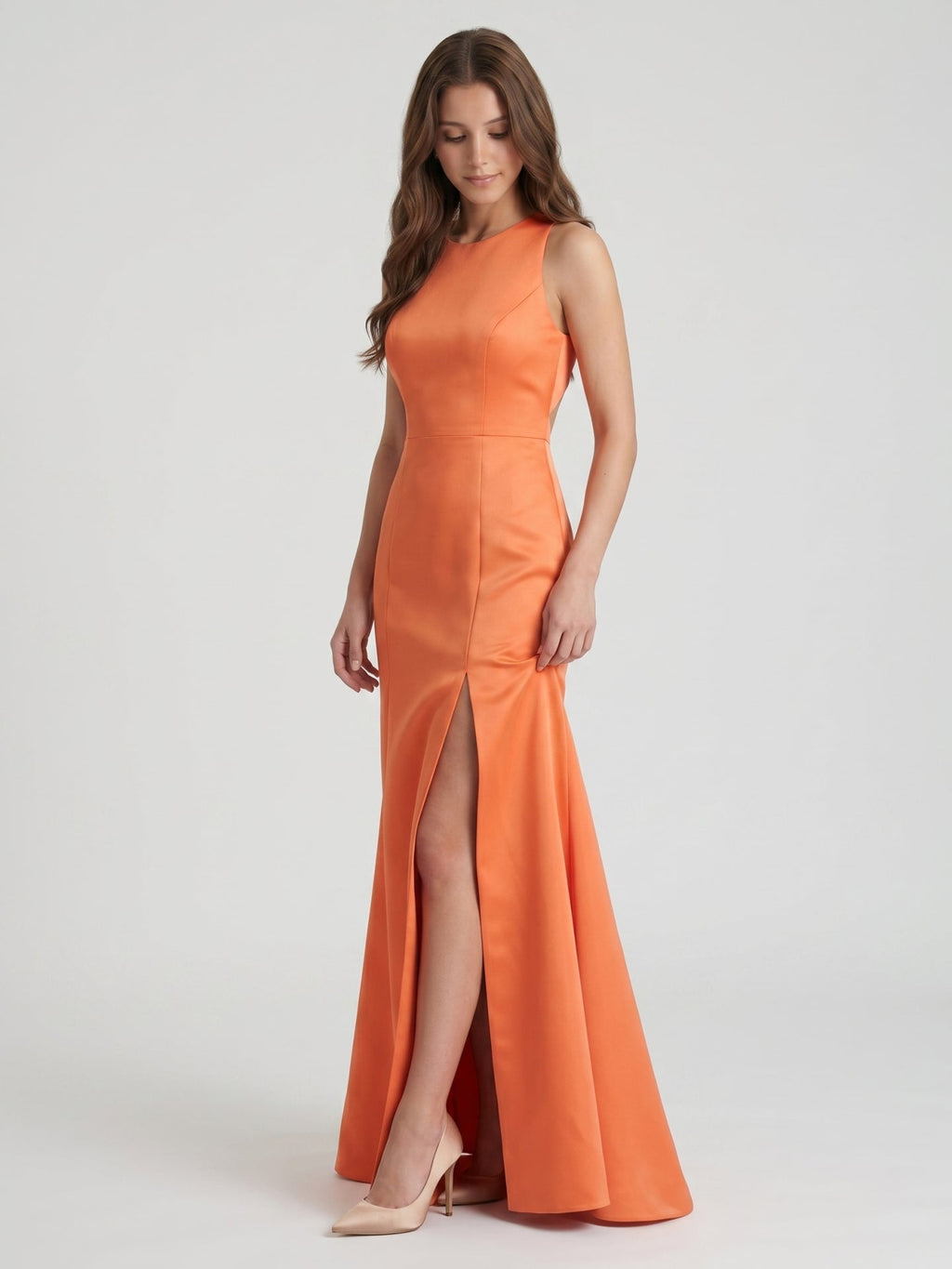 Striking Orange Satin Trumpet Scoop Neck Keyhole Back Floor-Length Bridesmaid Dress with Bow - Curvevia