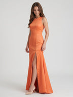 Striking Orange Satin Trumpet Scoop Neck Keyhole Back Floor-Length Bridesmaid Dress with Bow - Curvevia